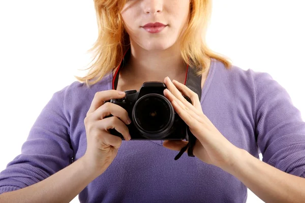 Jovem mulher bonita com uma câmera — Fotografia de Stock
