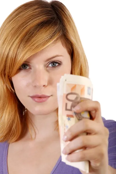 Женские руки с деньгами на белом фоне — стоковое фото