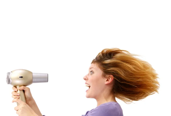 Jeune femme beauté avec sèche-cheveux — Photo