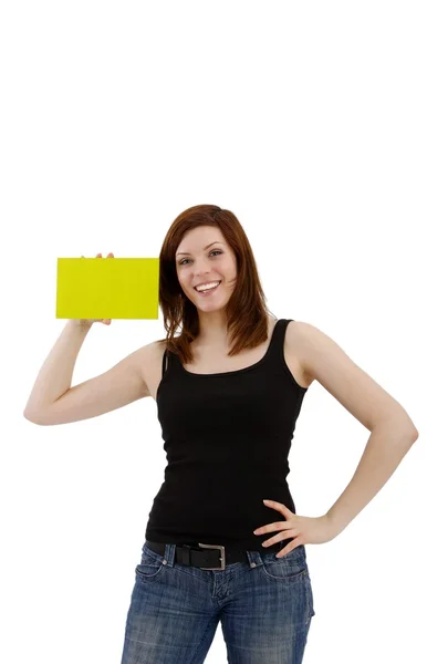 Mulher com painel em branco para texto publicitário — Fotografia de Stock