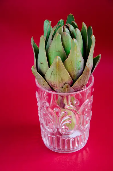 Alcachofa en el vaso sobre un fondo rojo —  Fotos de Stock