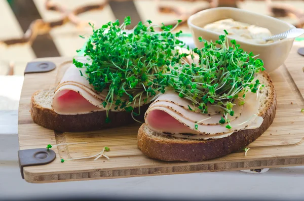 Brot mit geräuchertem Putenschinken, Brokkoli-Sprossen und Senf — Stockfoto