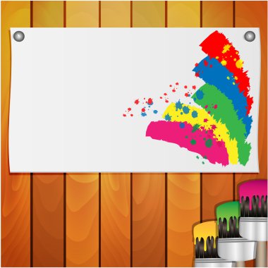 Sheet of paper with the spots of paint and brush on a background wooden boards clipart
