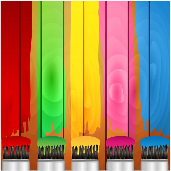 Coloured stripes of paint and brush on a background wooden boards — Stock Vector