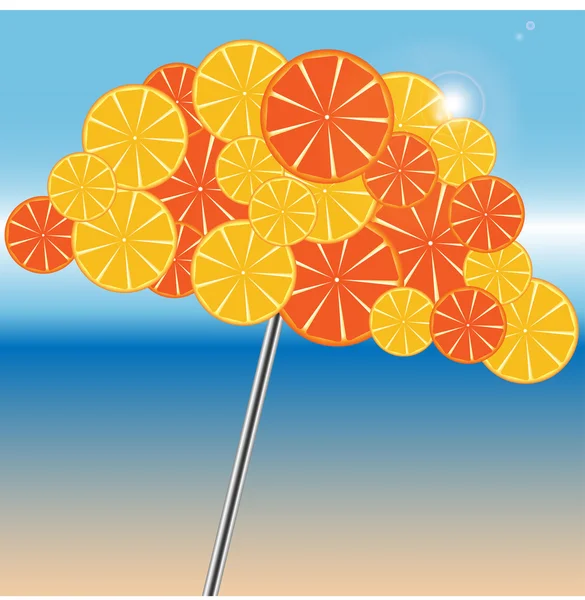 Beach umbrella is decorated by oranges and grapefruits — Stock Vector