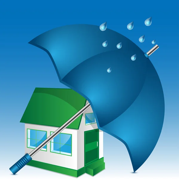 Illustrazione di casa e ombrello su sfondo blu — Vettoriale Stock