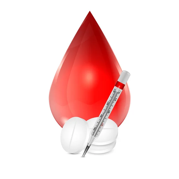 Drop of blood and a thermometer and pills on white background — Stock Vector