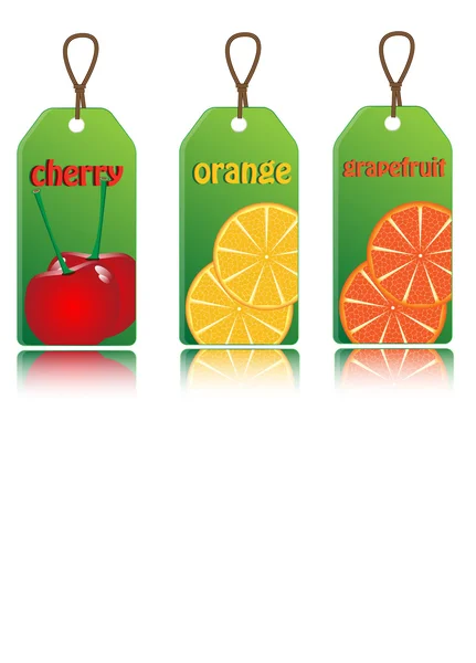 Illustration von drei Etiketten mit Orange, Grapefruit und Kirsche — Stockvektor