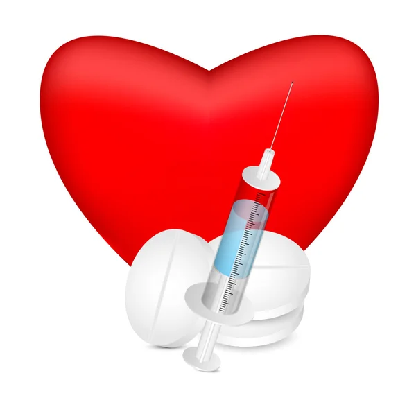 Red heart with a syringe and pills on white background — Stock Vector