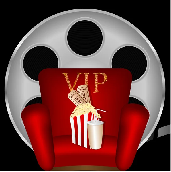 Silla roja con palomitas de maíz y una bebida en el fondo de la película — Vector de stock