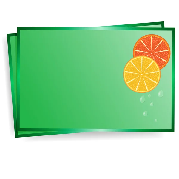 Postal of green color with the image of lobules of orange and drops of water — Stock Vector