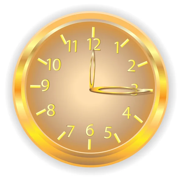 Relógio de cor dourada com números e ponteiros sobre um fundo branco — Vetor de Stock