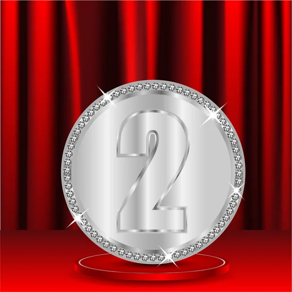 Silver medal with a number two on a background red window shades — Stock Vector