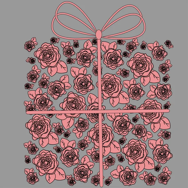 La caja está decorada con flores y cinta rosa sobre un fondo gris — Vector de stock