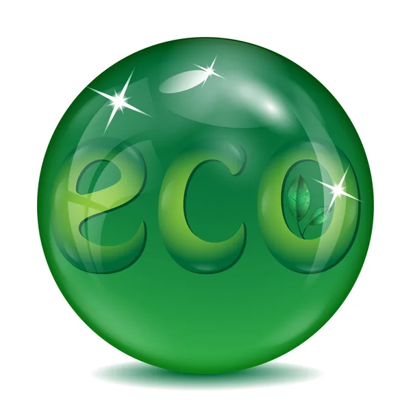 Sphère de couleur verte avec lettres et feuilles vertes vers l'intérieur — Image vectorielle