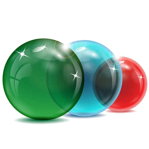 Drie semilucent ballen van verschillende kleuren op een witte achtergrond — Stockvector