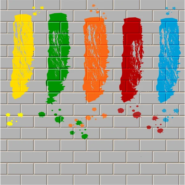 Spots of varicoloured paint on a gray brick wall — Stock Vector