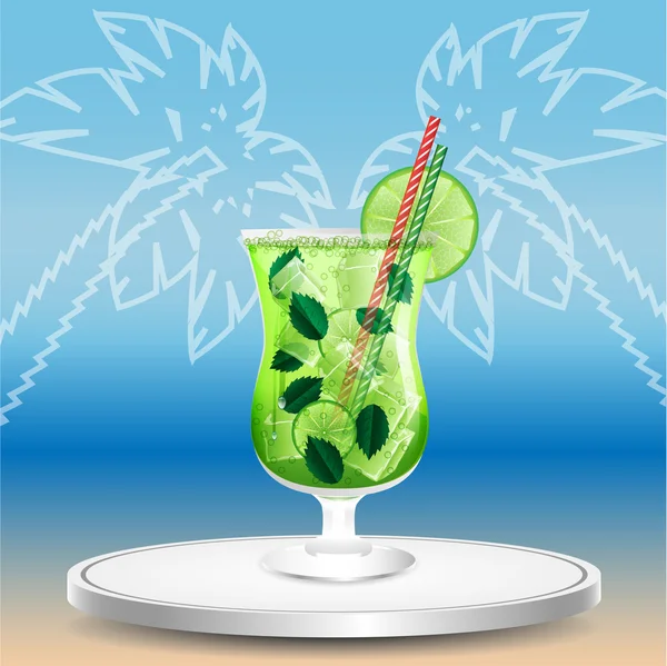 Glass with a cocktail on the beach — Stock Vector