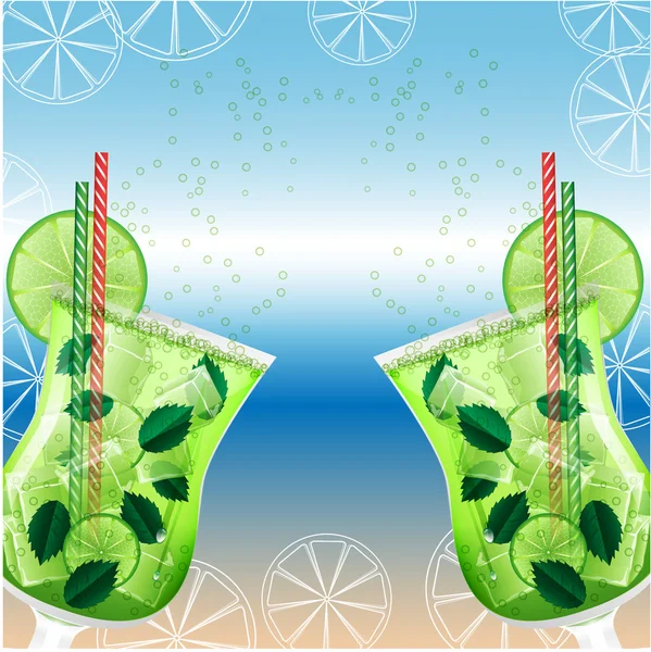 Glasses of mojito cocktail on the beach background — Stock Vector