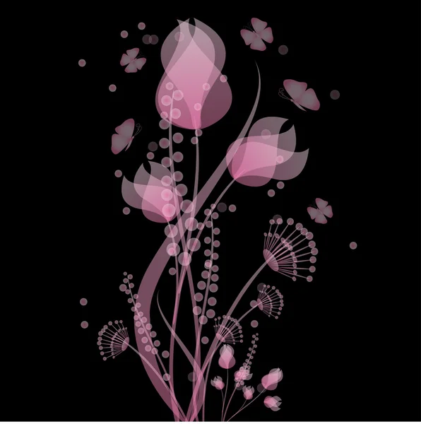 Flowers and butterflies of pink color on a black background — Stock Vector