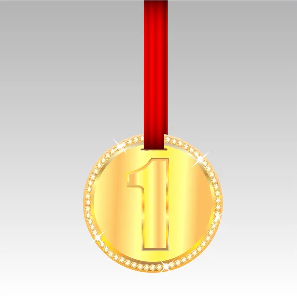 Gold medal with number one on a red ribbon — Stock Vector