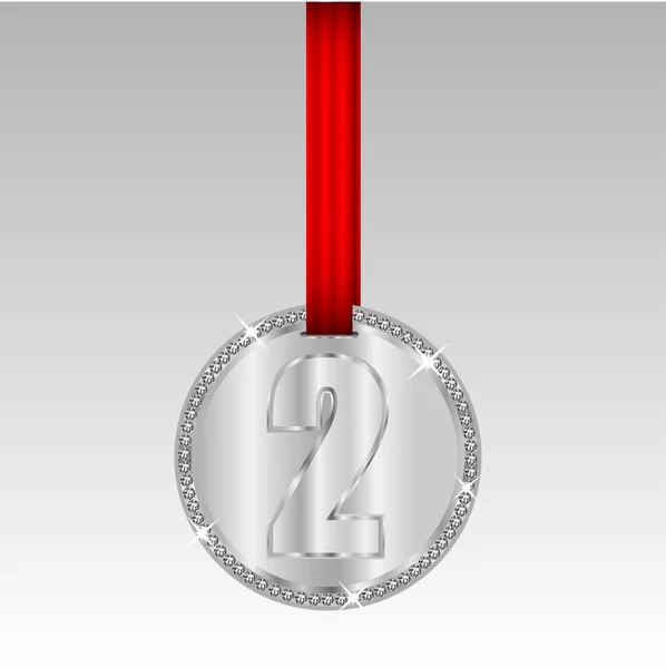 Silver medal with number two on a red ribbon — Stock Vector