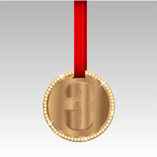 Bronze medal with the number three on red tape — Stock Vector