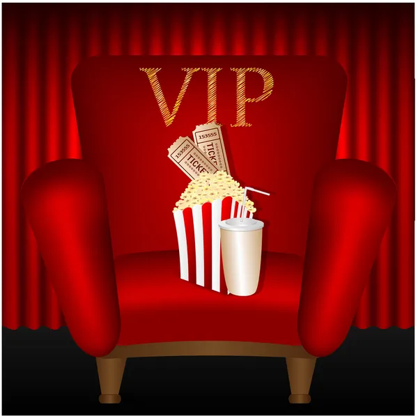 Cadeira e pipoca e uma bebida em um fundo de cortinas vermelhas — Vetor de Stock