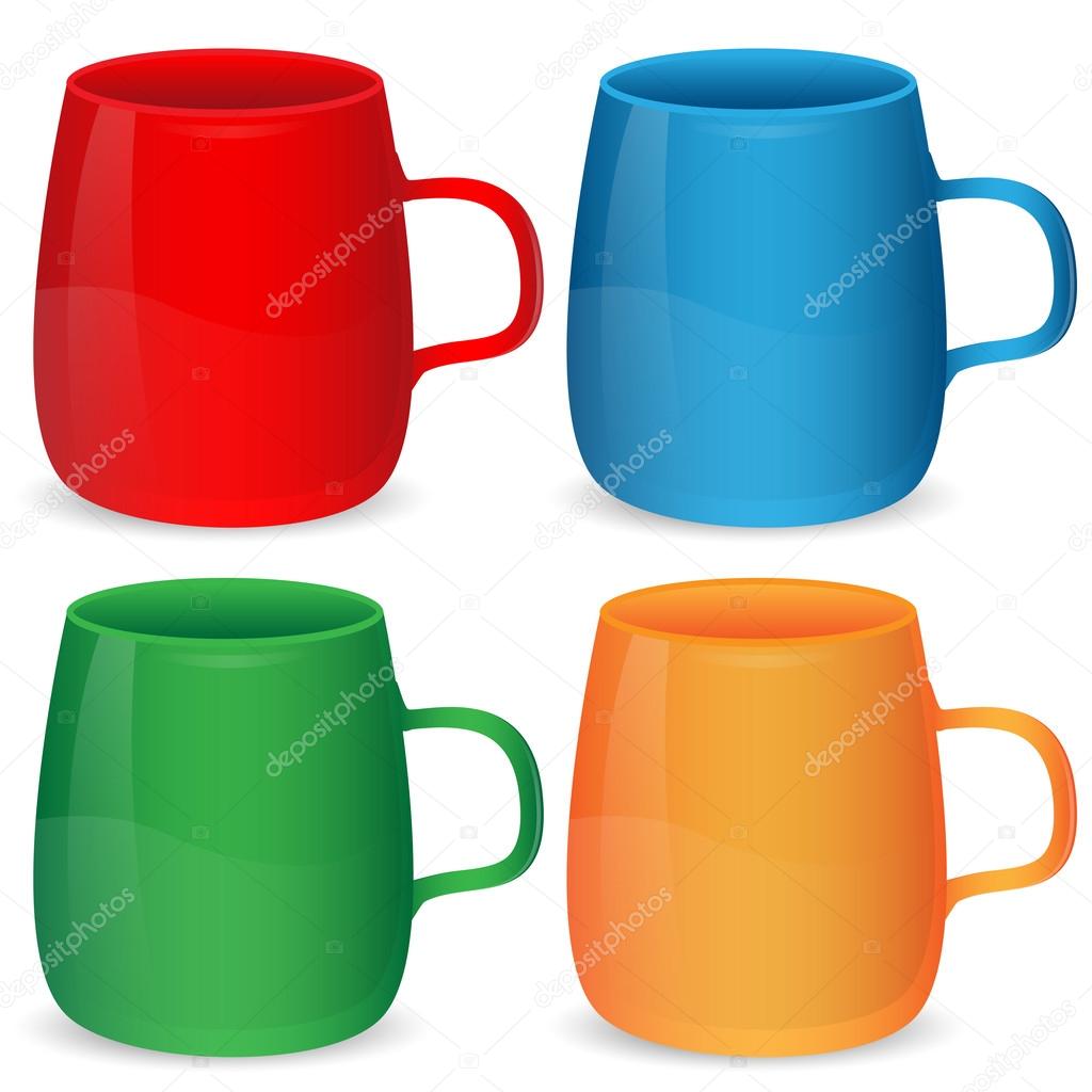Set of cups of different color on a white background