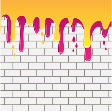 Yellow and lilac paint flowing down on a white brick wall clipart