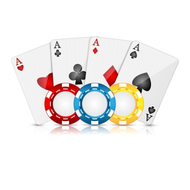 Playing cards and poker chips on a white background clipart