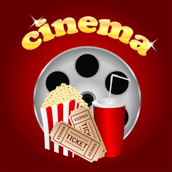 Película con palomitas de maíz y una bebida sobre fondo rojo — Vector de stock