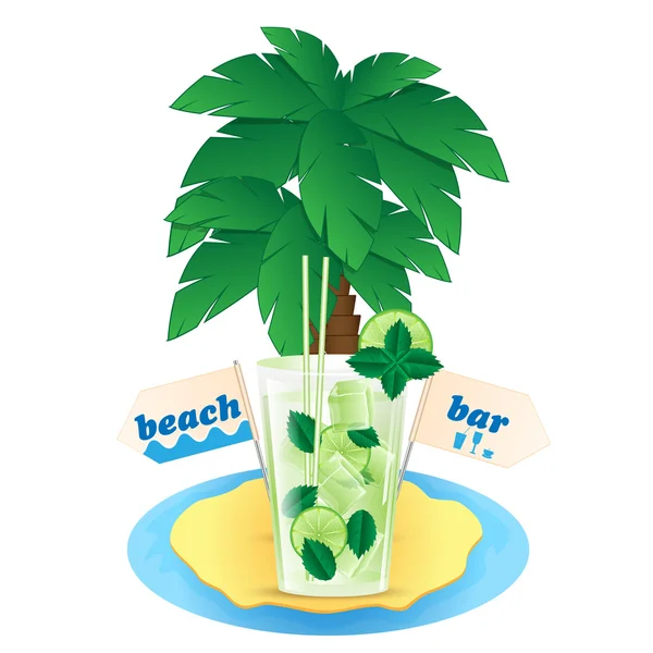 Ilha com palmeiras e um copo de mojito —  Vetores de Stock