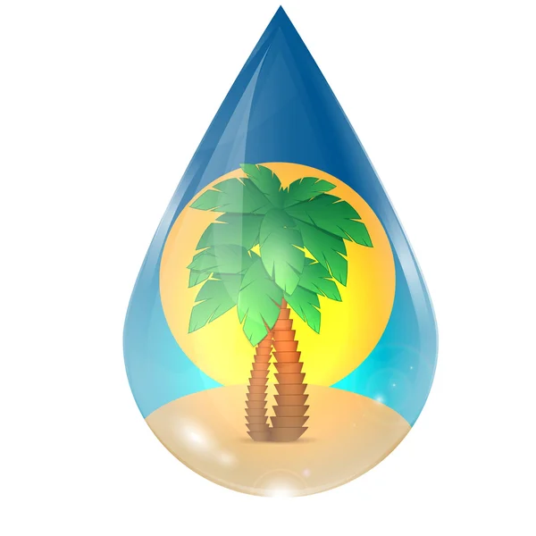 Palmy, piasek i słońce w kropli wody — Wektor stockowy