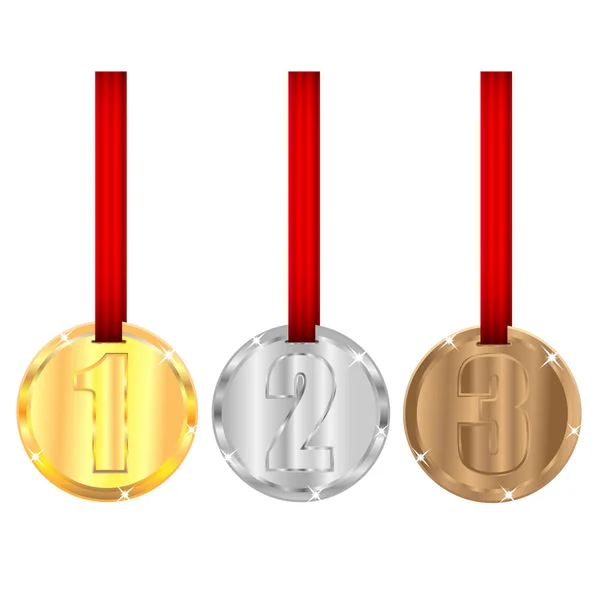 Set of medals with red ribbons isolated on white background — Stock Vector