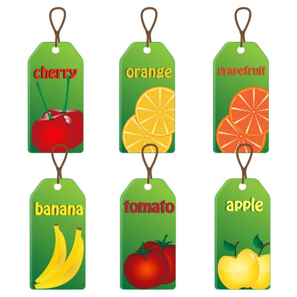 Set de etiquetas con frutas y verduras sobre fondo blanco — Vector de stock