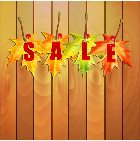 Yellow maple leaves and the word "sale" on the wooden wall.illus — Stock Vector