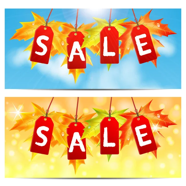 Word sale on red labels decorated with autumn maple leaves.set o — Stock Vector