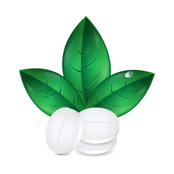 Herbal medicine.pills y hojas aisladas sobre fondo blanco.me — Vector de stock