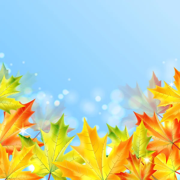 Outono folhas de bordo em um fundo espumante azul. Outono backgr — Vetor de Stock