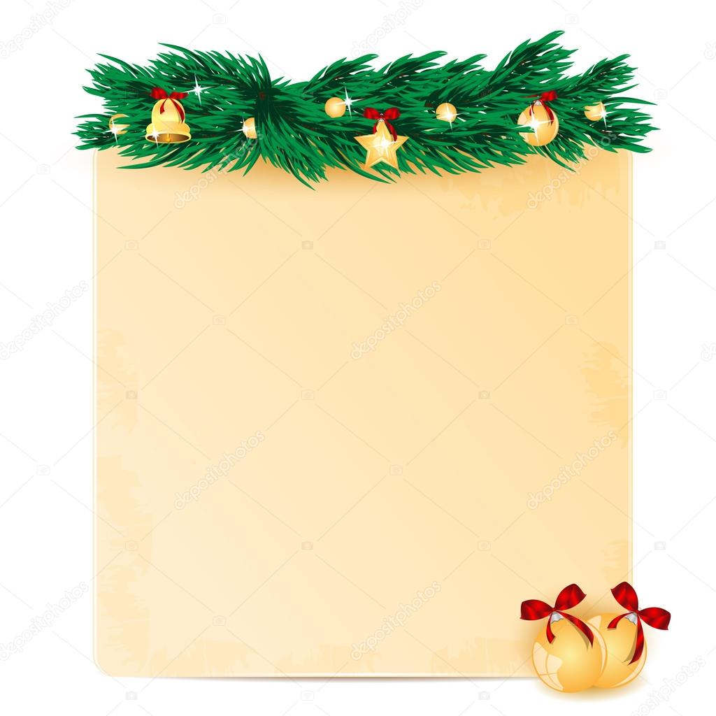 sheet of paper decorated with fir branch and christmas toys.chri