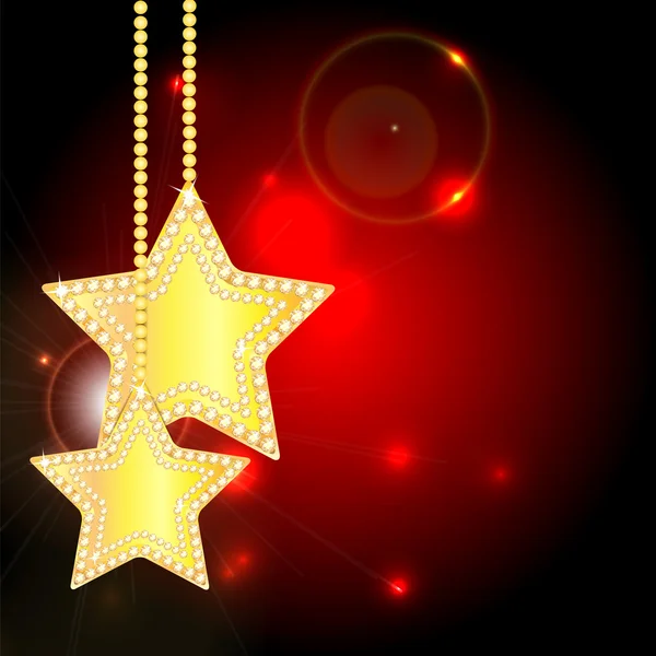 Adornos de navidad de oro en forma de estrellas en un backgro rojo — Vector de stock