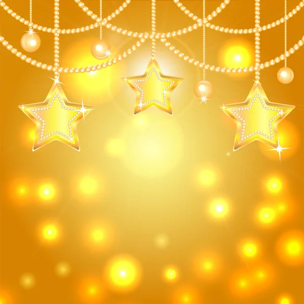 Gold christmas decorations in the form of stars and balls on a s — Stock Vector