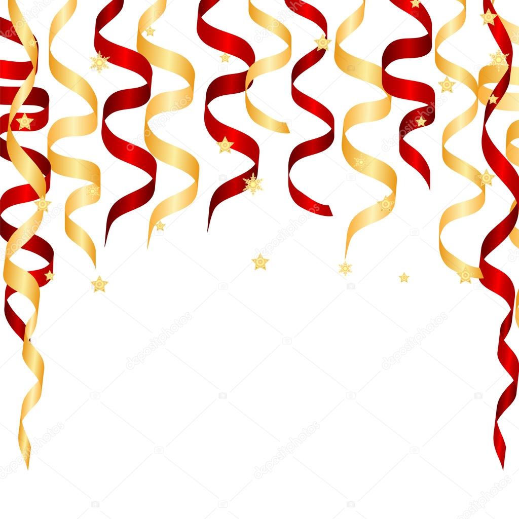 Christmas decorations.red and gold streamers and gold snowflakes