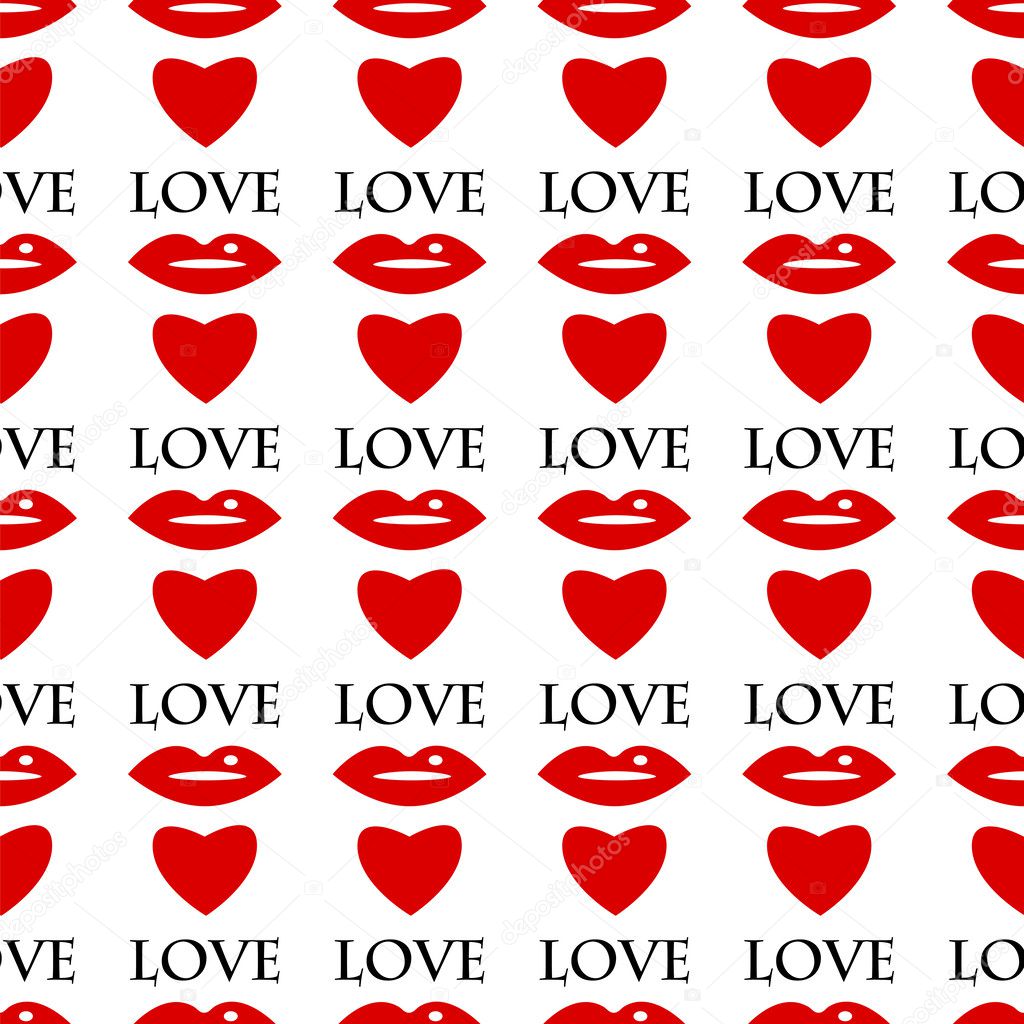 Seamless pattern of red lips and hearts on a white background.ba
