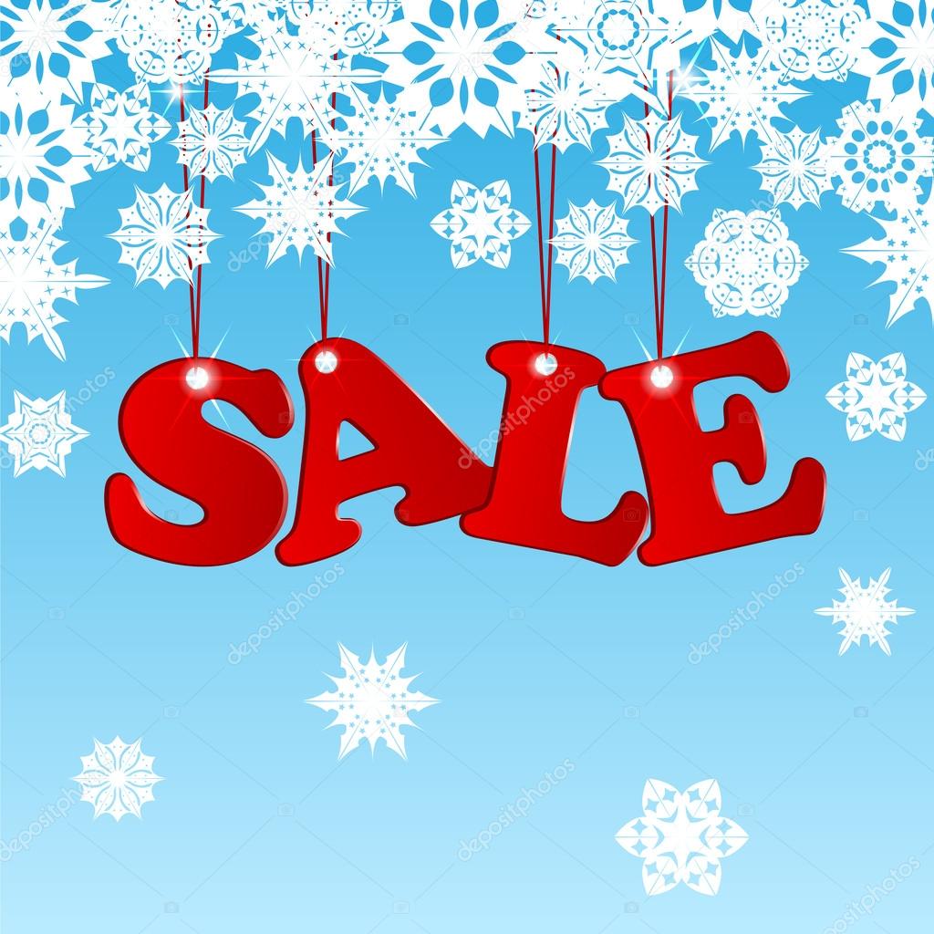 Sale word in red on a blue background with white snowflakes.seas