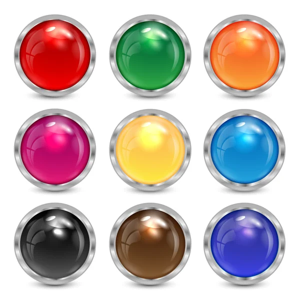 Set multicolored glass buttons in a silver frame.colorful button — Stock Vector