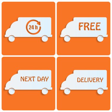 Icons delivery.white cars out of paper on orange background.tran clipart