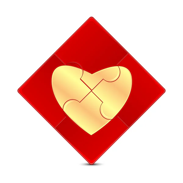 Puzzle with the image of a gold heart on a red background.illust — Stock Vector