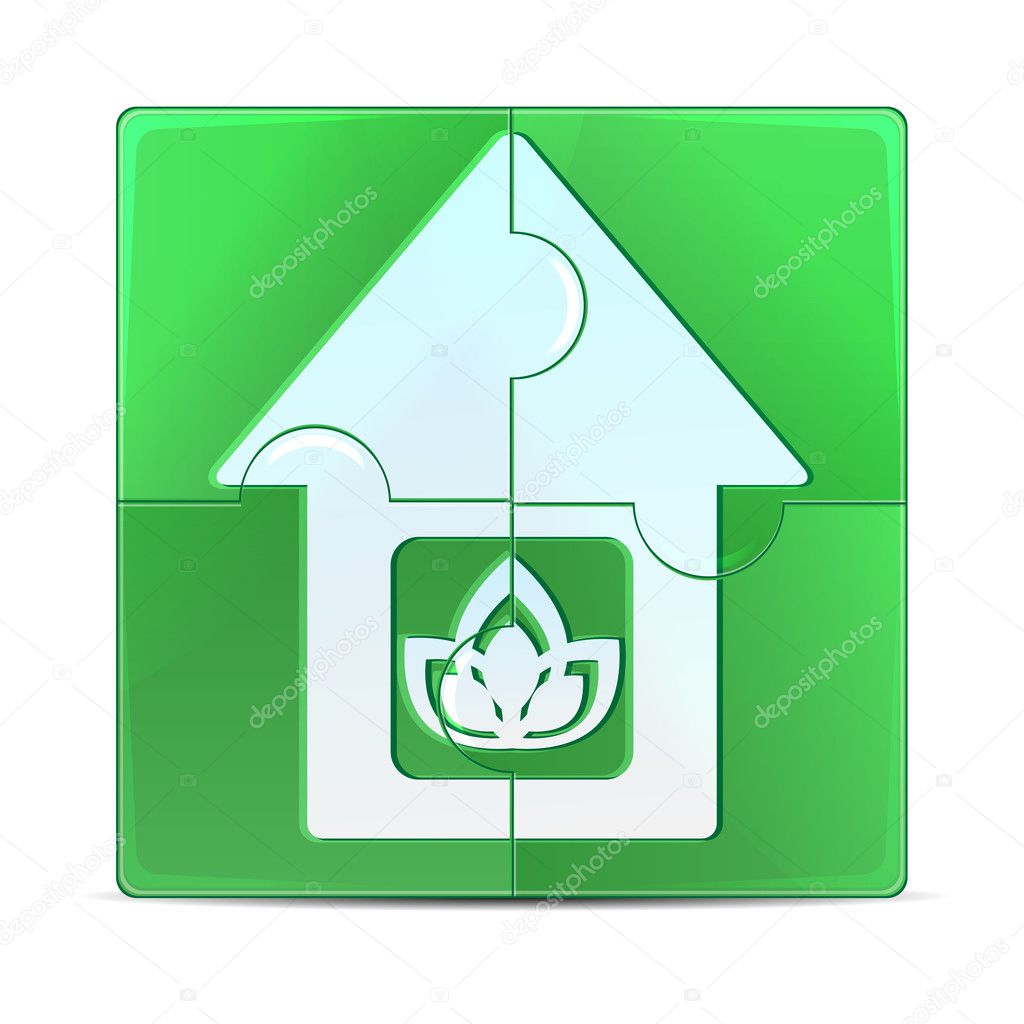 Green puzzle with the image of the house.eco icon isolated on a